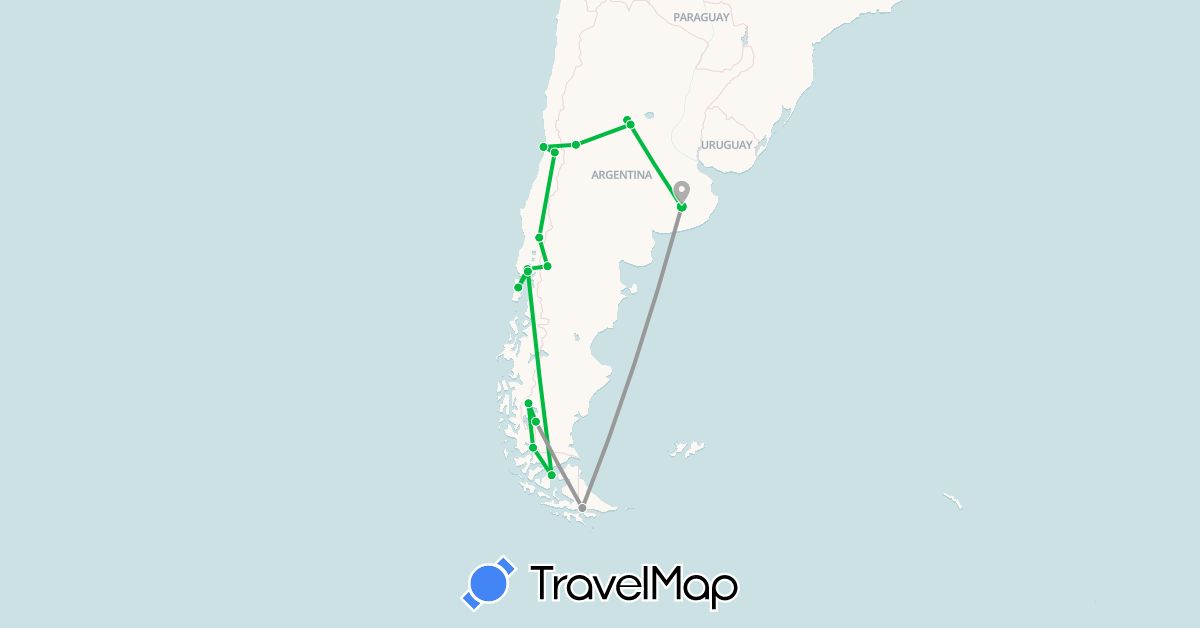 TravelMap itinerary: bus, plane in Argentina, Chile (South America)